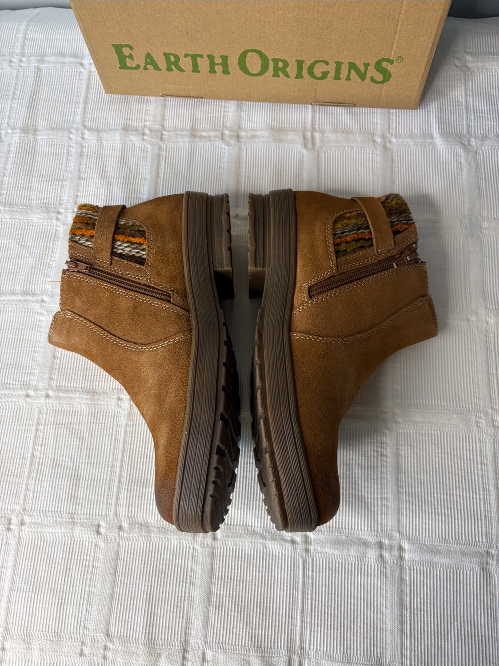Earth Origins Brown Suede Ankle Boots with Multicolor Knit Cuff Side Zip 10W - Picture 4 of 9